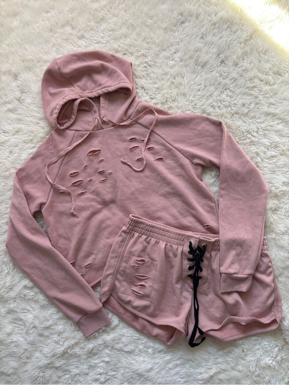 Rue21 Dusty Rose Distressed Hoodie & Lace-Up Shorts Set